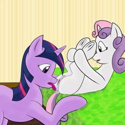 Size: 792x792 | Tagged: explicit, artist:clutterdrop, sweetie belle, twilight sparkle, analingus, analingus on female, anatomically correct, anus, awkward, blank flank, crotchboobs, female, filly, foal, foalcon, g4, genitals, imported from derpibooru, lesbian, mare, nipples, nudity, oral, pony, requested art, sex, ship:twibelle, shipping, teats, twilight is a foal fiddler, unicorn, unicorn twilight, vulva
