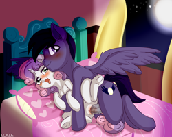 Size: 3181x2550 | Tagged: explicit, artist:anibaruthecat, sweetie belle, oc, bed, bedroom, blushing, canon x oc, female, filly, foal, foalcon, g4, high res, imported from derpibooru, male, moon, night, nudity, pegasus, penetration, penis, pillow, pony, sex, stallion, stallion on filly, straight, tongue out, underhoof, vaginal, vulva