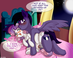 Size: 3181x2550 | Tagged: explicit, artist:anibaruthecat, sweetie belle, oc, ahegao, bed, blushing, canon x oc, dialogue, female, filly, foal, foalcon, g4, genitals, high res, imported from derpibooru, male, moon, night, nudity, open mouth, pegasus, penetration, penis, pony, sex, stallion, stallion on filly, straight, tongue out, underhoof, vaginal, vulva