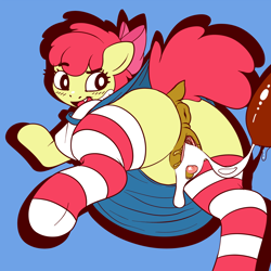 Size: 2000x2000 | Tagged: explicit, artist:widdle~pone, apple bloom, anatomically correct, anus, band-aid, butt, clitoris, clothes, creampie, cum, dock, female, foalcon, g4, high res, imported from derpibooru, legwear, male, nudity, offscreen character, penis, ponut, semi-anthro, simple background, skirt, skirt lift, socks, stockings, straight, striped socks, thigh highs, upskirt, vagina, vulva, vulvar winking