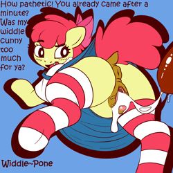 Size: 2000x2000 | Tagged: explicit, artist:widdle~pone, apple bloom, aftersex, anatomically correct, anus, band-aid, butt, clitoris, clothes, creampie, cum, dialogue, dock, earth pony, female, femdom, foalcon, foaldom, g4, high res, imported from derpibooru, legwear, male, nudity, penetration, penis, ponut, premature ejaculation, reverse foalcon, semi-anthro, sex, simple background, skirt, skirt lift, socks, stockings, straight, striped socks, text, thigh highs, upskirt, vagina, vaginal, vulgar, vulva, vulvar winking