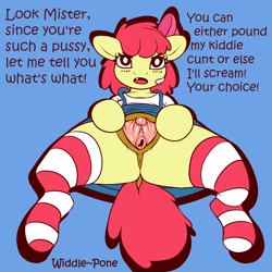 Size: 2000x2000 | Tagged: explicit, artist:widdle~pone, apple bloom, anatomically correct, anus, band-aid, blackmail, blue background, butt, clitoris, clothes, dark genitals, dialogue, earth pony, female, femdom, foalcon, foaldom, g4, high res, imported from derpibooru, legwear, nudity, presenting, reverse foalcon, semi-anthro, shirt, simple background, socks, solo, solo female, spread legs, spread pussy, spreading, stockings, striped socks, thigh highs, threat, urethra, vagina, vulgar, vulva