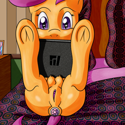 Size: 792x792 | Tagged: explicit, artist:clutterdrop, scootaloo, anal insertion, anus, butt, buttplug, crotchboobs, female, foalcon, frog (hoof), g4, imported from derpibooru, insertion, jeweled buttplug, linux, nipples, nudity, plot, pony, sex toy, teats, underhoof, vulva