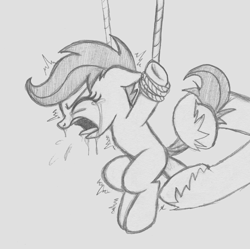 Size: 910x906 | Tagged: explicit, grimdark, artist:lockerobster, scootaloo, abuse, anal insertion, bondage, crying, female, foalcon, g4, imported from derpibooru, insertion, male, monochrome, painal, pony, rape, scootabuse, screaming, sex, stallion, straight, tail pull, tied up, wingless