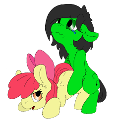 Size: 777x843 | Tagged: questionable, artist:lockhe4rt, apple bloom, oc, oc:filly anon, canon x oc, color edit, colored, crying, dry humping, edit, female, filly, foal, foalcon, g4, imported from derpibooru, lesbian, simple background, transparent background, vulgar, what in tarnation