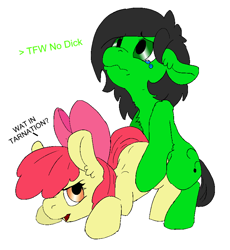Size: 777x843 | Tagged: questionable, artist:lockhe4rt, apple bloom, oc, oc:filly anon, canon x oc, color edit, colored, crying, dialogue, dry humping, earth pony, edit, female, filly, foal, foalcon, funny porn, g4, imported from derpibooru, lesbian, pony, simple background, vulgar, what in tarnation, white background