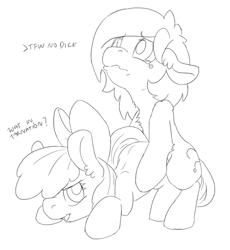 Size: 777x843 | Tagged: questionable, artist:lockhe4rt, apple bloom, oc, oc:filly anon, black and white, derpibooru exclusive, dialogue, dry humping, female, filly, foal, foalcon, g4, grayscale, imported from derpibooru, lesbian, monochrome, simple background, sketch, vulgar, what in tarnation, white background