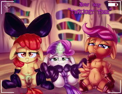 Size: 2000x1552 | Tagged: explicit, artist:oddciders, editor:deserter, apple bloom, scootaloo, sweetie belle, twilight sparkle, anatomically correct, anus, belly, belly button, bookshelf, camera shot, clitoral stimulation, clitoris, clothes, crotchboobs, cutie mark crusaders, dark genitals, delicious flat crotch, derpibooru exclusive, duckface, earth pony, edit, female, females only, filly, foal, foalcon, g4, gloves, golden oaks library, human shoulders, imported from derpibooru, latex, latex gloves, latex socks, legwear, library, magic, magical stimulation, my little pony: friendship is magic, nipples, nudity, pegasus, pony, signature, socks, spread legs, spreading, teats, thigh highs, twilight is a foal fiddler, twilight time, unicorn, vulva