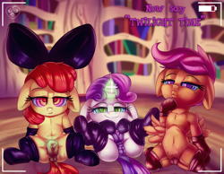 Size: 2000x1552 | Tagged: explicit, grimdark, artist:oddciders, apple bloom, scootaloo, sweetie belle, twilight sparkle, anatomically correct, anus, belly, belly button, bookshelf, camera shot, clitoris, clothes, crotchboobs, cutie mark crusaders, dark genitals, delicious flat crotch, derpibooru exclusive, duckface, earth pony, female, filly, foal, foalcon, g4, gloves, golden oaks library, human shoulders, implied rape, imported from derpibooru, latex, latex gloves, latex socks, legwear, library, magic, magical stimulation, mind control, my little pony: friendship is magic, nipples, nudity, pegasus, pony, signature, socks, swirly eyes, teats, thigh highs, twilight is a foal fiddler, twilight time, unicorn, vulva