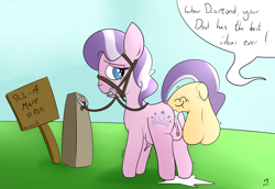 Size: 3517x2413 | Tagged: explicit, artist:mackstack, diamond tiara, abdominal bulge, age difference, anal, anal creampie, balls, big balls, bit gag, bound, bridle, butt, creampie, cum, cum inflation, cum pool, dead source, dialogue, disembodied penis, excessive cum, female, filly, foal, foalcon, g4, gag, high res, imported from derpibooru, inflation, looking back, male, nudity, offscreen character, outdoor sex, outdoors, penetration, penis, plot, pony, prostitution, reins, sex, sign, speech bubble, stallion, stallion on filly, straight, tack, tether, vein, veiny cock, vulva
