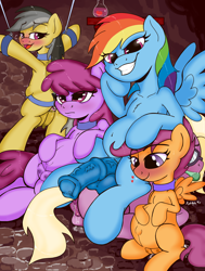 Size: 1541x2035 | Tagged: explicit, artist:kyokimute, rainbow dash, scootaloo, fanfic:a dash of ego, abdominal bulge, aftersex, anus, aphrodisiac, berry punch, big crotchboobs, blue penis, blushing, bondage, butt, cover art, crotchboobs, cum, cumming, daring do, fanfic, fanfic art, female, femsub, filly, foal, foalcon, futa, futa on female, futa rainbow dash, futadom, g4, grace manewitz, heart, heart eyes, horsecock, huge crotchboobs, imported from derpibooru, impossibly large crotchboobs, impregnation, insertion, intersex, large belly, large insertion, looking back, mare, nipples, nudity, open mouth, pegasus, penis, plot, pony, preggo dash, preggy punch, pregnant, pregnant foal, pregnant futa, pregnant scootaloo, sex slave, slave, smiling, submissive, vulva, wingding eyes