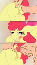 Size: 1987x3504 | Tagged: explicit, artist:grinch, apple bloom, anal, anatomically correct, anus, blushing, comic, creampie, cum, earth pony, female, filly, foal, foalcon, g4, human, human male, human male on filly, human on pony action, human penis, imported from derpibooru, interspecies, male, nudity, offscreen character, penetration, penis, pony, sex, simple background, straight, teeth, vulva