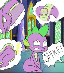 Size: 1235x1400 | Tagged: explicit, semi-grimdark, artist:buttsaucer, artist:nuttyhoof, spike, abuse, ball busting, balls, cbt, dragon, foalcon, g4, imminent pain, imported from derpibooru, male, nudity, solo, solo male, spikeabuse, twilight's castle, wingless spike