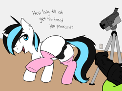 Size: 1280x960 | Tagged: explicit, artist:subimaru_kai, artist:virgil green, oc, oc:snowy, oc:virgil green, age difference, big dom small sub, butt, camera, clothes, colt, flank, foal, foalcon, gay, imported from derpibooru, legwear, male, maledom, malesub, nudity, oc only, penis, pink, plot, pony, socks, stallion, stallion on colt, submissive, thigh highs