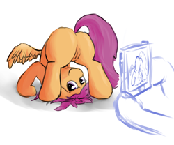 Size: 3000x2500 | Tagged: explicit, artist:php106, scootaloo, ass up, bedroom eyes, blushing, camera shot, cellphone, face down ass up, female, female focus, filly, flexible, foal, foalcon, frontbend, g4, high res, imported from derpibooru, looking at you, looking back, looking between legs, nudity, offscreen character, phone, picture, pose, presenting, solo focus, spread wings, vulva, wingboner, wings