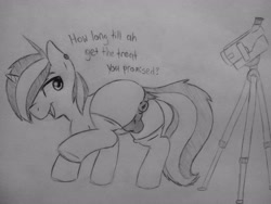 Size: 2560x1920 | Tagged: explicit, artist:subimaru_kai, oc, oc:snowy, accent, anus, balls, blank flank, camcorder, camera, clothes, colt, foal, foalcon, imported from derpibooru, legwear, male, monochrome, nudity, oc only, ponut, presenting, socks, solo, solo male, stockings, thigh highs, traditional art
