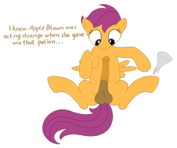 Size: 2300x1920 | Tagged: explicit, artist:leadpie, scootaloo, derpibooru exclusive, foalcon, futa, futa scootaloo, g4, horsecock, implied apple bloom, imported from derpibooru, intersex, nudity, penis, potion, simple background, solo, solo futa, transparent background