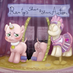Size: 1500x1500 | Tagged: explicit, semi-grimdark, artist:smudge proof, sweetie belle, abuse, anus, auction, audience, bdsm, blushing, carousel boutique, chained, chains, clothes, collar, crotchboobs, crying, degradation, dress, exposing reflection, female, foalcon, forced, g4, horn, horn ring, humiliation, imminent rape, imminent sex, implied apple bloom, implied rape, implied rarity, implied scootaloo, imported from derpibooru, magic suppression, mirror, nipples, nudity, pet, pet tag, pony, reflection, shackle, shaved, slave, sweetie bald, sweetiebuse, teary eyes, teats, text, unicorn, vagina