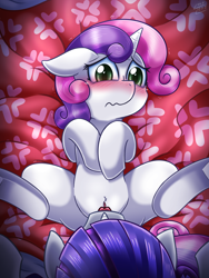 Size: 1500x2000 | Tagged: explicit, artist:vavacung, rarity, sweetie belle, blushing, changeling, changeling counterpart series, clitoris, cunnilingus, female, foalcon, g4, human vulva on pony, imported from derpibooru, incest, lesbian, licking, nudity, oral, part of a series, part of a set, penetration, pony, raricest, sex, ship:raribelle, shipping, tongue out, vaginal, virgin, vulva