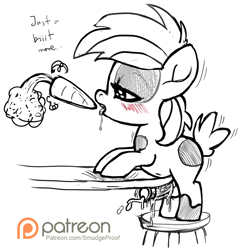 Size: 1454x1500 | Tagged: explicit, artist:smudge proof, belly button, carrot, drool, foalcon, food, g4, imported from derpibooru, magic, male, nudity, patreon, patreon logo, penis, pipsqueak, precum, salivating, sex toy, sketch, solo, solo male, suggestive eating
