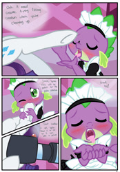 Size: 1741x2500 | Tagged: explicit, artist:pyruvate, rarity, spike, comic:dragon queen, clothes, comic, crossdressing, dialogue, dominant pov, dragon, female, female pov, femdom, foalcon, g4, good boy, hoof fetish, hoof sucking, imported from derpibooru, lusty baby dragon maid, maid, maid spike, male, malesub, offscreen character, pov, ship:sparity, shipping, sissy, straight, submissive