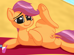 Size: 2000x1500 | Tagged: explicit, artist:fuchsian milk, scootaloo, anatomically correct, anus, beach, dock, female, filly, foal, foalcon, g4, imported from derpibooru, looking at you, nudity, on side, pegasus, ponut, pony, solo, solo female, spread legs, spreading, underhoof, vaginal secretions, vulva