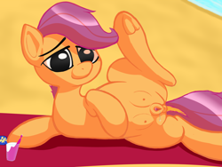 Size: 2000x1500 | Tagged: explicit, artist:fuchsian milk, scootaloo, anatomically correct, anus, beach, crotchboobs, dock, female, filly, foal, foalcon, g4, imported from derpibooru, looking at you, nipples, nudity, on side, ponut, pony, solo, solo female, spread legs, spreading, teats, underhoof, vaginal secretions, vulva