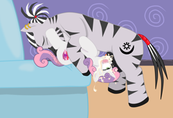 Size: 4000x2743 | Tagged: explicit, artist:theonewithoutaname, sweetie belle, oc, oc:abioye, 69 position, ahegao, blowjob, blushing, canon x oc, clopfic in description, couch, crotch bulge, cum, cum in mouth, deepthroat, drool, facefuck, female, filly, foal, foalcon, g4, imported from derpibooru, interspecies, male, nudity, open mouth, oral, penis, pony, precum, sex, shipping, stallion on filly, straight, tail, tail wrap, the cmc's cutie marks, throat bulge, throat swabbing, tongue out, unicorn, vaginal secretions, zebra, zebradom