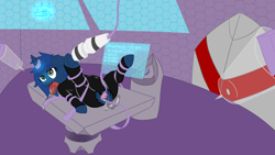 Size: 1920x1080 | Tagged: explicit, artist:glassmenagerie, oc, oc:starlight blossom, ahegao, alien, drool, female, filly, foal, foalcon, hitachi wand, horn, horn ring, imported from derpibooru, latex, latex suit, magic suppression, molestation, oc only, open mouth, pony, sex toy, solo, solo female, spreading, tentacles, tongue out, unicorn, vibrator