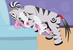 Size: 4000x2743 | Tagged: explicit, artist:theonewithoutaname, sweetie belle, oc, oc:abioye, 69 position, ahegao, blowjob, blushing, canon x oc, clopfic in description, couch, crotch bulge, deepthroat, drool, facefuck, female, filly, foal, foalcon, g4, imported from derpibooru, interspecies, male, nudity, open mouth, oral, penis, pony, precum, sex, shipping, stallion, stallion on filly, straight, tail, tail wrap, the cmc's cutie marks, throat bulge, throat swabbing, tongue out, unicorn, vaginal secretions, zebra, zebradom