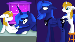 Size: 1280x720 | Tagged: explicit, artist:jbond, princess luna, alicorn, anus, bed, bedroom, bipedal, clitoris, colt, colt on mare, comic, duo, eyes closed, female, foal, foalcon, g4, imported from derpibooru, male, mare, mare on colt, nudity, on bed, penis, pony, prince blueblood, ship:bluna, shipping, smiling, straight, straight shota, unicorn, vulva, younger