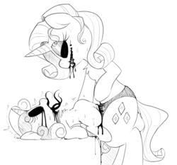 Size: 1419x1318 | Tagged: explicit, grimdark, grotesque, artist:whydomenhavenipples, rarity, sweetie belle, abdominal bulge, bedroom eyes, bipedal, blood, chest fluff, corrupted, crying, defloration, derpibooru exclusive, dildo, duo, edit, female, female on female rape, foalcon, g4, genitals, gore, grayscale, imported from derpibooru, incest, insertion, lesbian, lidded eyes, mare on filly, monochrome, nightmare fuel, nudity, on back, open mouth, pony, rape, raricest, screaming, sex, sex toy, shivering, simple background, smiling, strapon, sweat, sweetie rape, vaginal insertion, virgin, vulva, white background, zalgo, zalgo edit