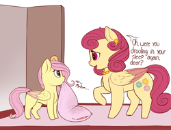 Size: 1280x978 | Tagged: explicit, artist:evehly, fluttershy, blatant lies, colored wings, colored wingtips, cute, dialogue, ear piercing, earring, eye contact, female, females only, filly, fluffy, foal, foalcon, g4, implied masturbation, imported from derpibooru, jewelry, looking at each other, lying, mother and child, mother and daughter, mouth hold, necklace, open mouth, pegasus, piercing, pillow, pony, posey shy, raised hoof, shyabetes, size difference, smiling, vaginal secretion stain, vaginal secretions