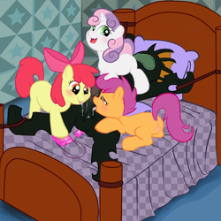 Size: 2222x2222 | Tagged: explicit, artist:yaoifairy, apple bloom, scootaloo, sweetie belle, oc, oc:vesairus, anal insertion, anus, balls, bdsm, bed, blindfold, blowjob, blushing, bondage, canon x oc, changeling, changeling oc, cmc foursome, cunnilingus, cutie mark crusaders, double blowjob, earth pony, facesitting, female, femdom, filly, foal, foalcon, foaldom, foursome, g4, glazed dick, group sex, high res, imported from derpibooru, insertion, licking, licking cock, lidded eyes, male, malesub, multiple blowjob, nudity, on back, on bed, open mouth, oral, pegasus, penis, pillow, pony, reverse foalcon, sex, sex toy, shipping, spread legs, spreading, straight, submissive, tied down, tongue out, unicorn, vibrator, vulva, wingless