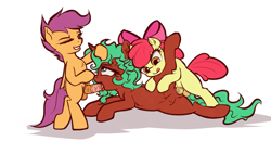 Size: 1543x805 | Tagged: explicit, artist:sapsan, apple bloom, scootaloo, oc, oc:equie, alicorn, alicorn oc, blowjob, canon x oc, crotchboobs, double penetration, earth pony, foalcon, futa, futa apple bloom, futa filly on mare, futa on female, futa scootaloo, g4, horn, imported from derpibooru, intersex, multiple penetration, nipples, nudity, oral, pegasus, penetration, penis, pony, sex, shipping, simple background, vaginal, vulva, white background, wings