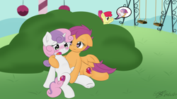 Size: 1920x1080 | Tagged: explicit, artist:icy wings, apple bloom, scootaloo, sweetie belle, blushing, cutie mark crusaders, eyes on the prize, female, filly on filly, foalcon, g4, hiding, hoofing, imported from derpibooru, lesbian, sex, ship:scootabelle, shipping