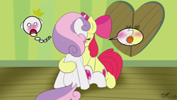 Size: 1920x1080 | Tagged: explicit, artist:icy wings, apple bloom, sweetie belle, blushing, duo, earth pony, female, filly, filly on filly, foal, foalcon, french kiss, g4, hoofing, imported from derpibooru, kissing, lesbian, pony, sex, ship:sweetiebloom, shipping, surprise sex, unicorn