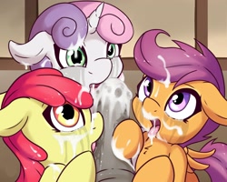 Size: 2500x2000 | Tagged: explicit, grimdark, artist:fearingfun, apple bloom, scootaloo, sweetie belle, ahegao, blowjob, chest fluff, cmc foursome, crying, cum, cum in mouth, cum on body, cum on hair, cum on hooves, cum on horn, cum on nose, cutie mark crusaders, dark, earth pony, edit, facial, floppy ears, foalcon, g4, group sex, high res, horn, horsecock, imported from derpibooru, licking, licking cock, looking at you, male, male pov, medial ring, multiple blowjob, nudity, offscreen character, open mouth, oral, pegasus, penis, pony, pov, rape, sex, straight, sweetie rape, tongue out, triple blowjob, unicorn