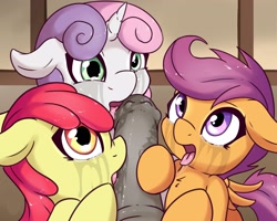 Size: 2500x2000 | Tagged: explicit, grimdark, artist:fearingfun, apple bloom, scootaloo, sweetie belle, blowjob, chest fluff, crying, cutie mark crusaders, dark, earth pony, edit, floppy ears, foalcon, g4, group sex, high res, horsecock, imported from derpibooru, licking, licking cock, looking at you, male, male pov, medial ring, multiple blowjob, nudity, offscreen character, oral, pegasus, penis, pony, pov, rape, sex, straight, sweetie rape, tongue out, triple blowjob, unicorn