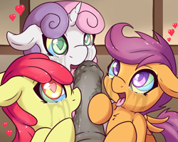 Size: 2500x2000 | Tagged: explicit, grimdark, artist:fearingfun, apple bloom, scootaloo, sweetie belle, blowjob, chest fluff, cmc foursome, crying, cutie mark crusaders, dark, dominant pov, earth pony, edit, floppy ears, foalcon, g4, group sex, heart, heart eyes, high res, horsecock, hypnosis, hypnotized, imported from derpibooru, licking, licking cock, looking at you, male, male pov, maledom, mind control, multiple blowjob, nudity, offscreen character, oral, pegasus, penis, pony, pov, rape, sex, straight, sweetie rape, swirly eyes, tongue out, triple blowjob, unicorn, want it need it, wingding eyes