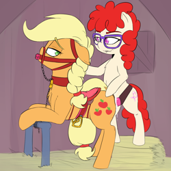 Size: 892x892 | Tagged: explicit, applejack, alternate hairstyle, anonymous artist, ballgag, bdsm, bipedal, bondage, braid, bridle, chains, collar, crack shipping, dock, earth pony, female, females only, filly, filly on mare, floppy ears, foal, foalcon, foaldom, from behind, g4, gag, glasses, haystack, imported from derpibooru, lesbian, looking back, mare, missing accessory, penetration, pony, saddle, sex, sex toy, shipping, strapon, tack, twist, twistjack, vaginal, vaginal secretions