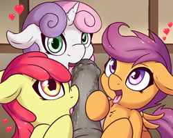 Size: 2500x2000 | Tagged: explicit, artist:fearingfun, editor:deserter, apple bloom, scootaloo, sweetie belle, blowjob, chest fluff, cmc foursome, colored pupils, cutie mark crusaders, dark genitals, drool, drool string, edit, female, fffm foursome, floppy ears, foalcon, foursome, g4, glazed dick, group sex, heart, high res, horsecock, imported from derpibooru, licking, licking cock, looking at you, male, male pov, medial ring, multiple blowjob, nudity, offscreen character, open mouth, oral, pegasus, penis, pony, pov, sex, straight, tongue out, triple blowjob, unicorn
