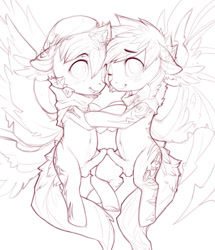 Size: 860x1000 | Tagged: explicit, artist:xennos, oc, balls, belly button, foalcon, frottage, gay, imported from derpibooru, looking at you, male, monochrome, nudity, oc only, one eye closed, penis, reasonably sized genitals, sketch, urethra, wings