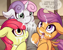Size: 2500x2000 | Tagged: explicit, grimdark, artist:fearingfun, apple bloom, scootaloo, sweetie belle, blowjob, chest fluff, cmc foursome, crying, cum, cum in mouth, cutie mark crusaders, dark, dialogue, earth pony, edit, floppy ears, foalcon, g4, group sex, high res, horsecock, imported from derpibooru, licking, licking cock, looking at you, male, male pov, medial ring, multiple blowjob, nudity, offscreen character, oral, pegasus, penis, pony, pov, rape, sex, straight, sweetie rape, tongue out, triple blowjob, unicorn