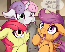 Size: 2500x2000 | Tagged: explicit, grimdark, artist:fearingfun, apple bloom, scootaloo, sweetie belle, blowjob, chest fluff, cmc foursome, crying, cutie mark crusaders, dark, dialogue, earth pony, edit, floppy ears, foalcon, g4, group sex, high res, horsecock, imported from derpibooru, licking, licking cock, looking at you, male, male pov, medial ring, multiple blowjob, nudity, offscreen character, open mouth, oral, pegasus, penis, pony, pov, rape, sex, straight, sweetie rape, tongue out, triple blowjob, unicorn
