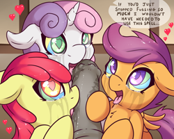 Size: 2500x2000 | Tagged: explicit, grimdark, artist:fearingfun, apple bloom, scootaloo, sweetie belle, alternate version, blowjob, chest fluff, cmc foursome, crying, cutie mark crusaders, dark, dialogue, dominant pov, earth pony, female, fffm foursome, floppy ears, foalcon, foursome, g4, group sex, heart, heart eyes, high res, horsecock, hypnosis, hypnotized, imported from derpibooru, licking, licking cock, looking at you, male, male pov, maledom, mind control, multiple blowjob, nudity, offscreen character, open mouth, oral, pegasus, penis, pony, pov, rape, sex, straight, sweetie rape, swirly eyes, tongue out, triple blowjob, unicorn, want it need it, wingding eyes