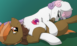 Size: 2792x1656 | Tagged: explicit, grotesque, artist:konigbouncer, button mash, sweetie belle, 69 position, bedroom eyes, blowjob, drool, drool string, erection, eyes on the prize, female, fetish, filly, filly on colt, floppy ears, foal, foalcon, g4, glazed dick, imported from derpibooru, looking forward, looking up, male, nudity, oral, penis, pony, poop, pooping, salivating, scat, sex, ship:sweetiemash, shipping, straight, sucking