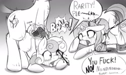 Size: 3000x1794 | Tagged: explicit, grimdark, artist:fearingfun, rarity, sweetie belle, oc, blood, dead, death, dialogue, fearcomesnaturally, female, fetish, filly, foal, foalcon, g4, gun, horn, horn ring, imported from derpibooru, magic suppression, male, mare, monochrome, murder, necrophilia, penetration, pony, rape, sex, siblings, sisters, snuff, straight, swearing, sweetie rape, text, unicorn, vaginal, vulgar, weapon