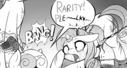 Size: 1280x686 | Tagged: grimdark, suggestive, artist:fearingfun, rarity, sweetie belle, oc, ass up, blood, bondage, crying, death, face down ass up, fearcomesnaturally, female, filly, foal, foalcon, g4, gun, guro, horn, horn ring, imported from derpibooru, mare, monochrome, murder, pony, rape, sex, snuff, unicorn, weapon