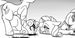 Size: 1475x751 | Tagged: explicit, grimdark, grotesque, artist:fearingfun, rarity, sweetie belle, oc, abuse, animated, ass up, black and white, blood, bondage, canon x oc, crying, dead, death, face down ass up, fearcomesnaturally, female, fetish, foalcon, frame by frame, from behind, g4, gif, go to sleep zesty, gore, grayscale, horn, horn ring, imported from derpibooru, magic suppression, male, monochrome, murder, necrophilia, pony, poor rarity, rape, raribuse, sad, snuff, squigglevision, straight, sweetie rape, sweetiebuse, unicorn, violence